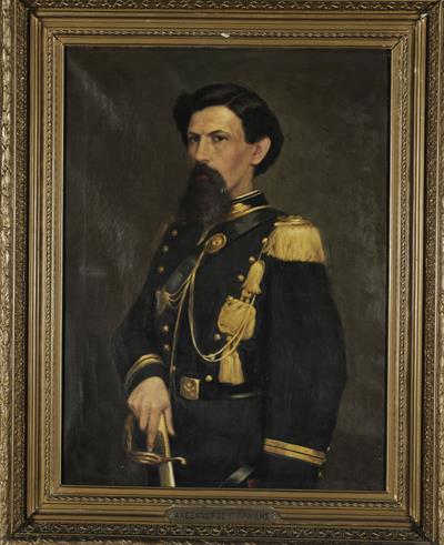 Προσωπογραφία του Αλεξάνδρου Γ. Πραΐδη, ελαιογραφία σε μουσαμά του Ευάγγελου Ιωαννίδη.