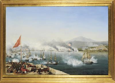 Η Ναυμαχία του Ναυαρίνου, ελαιογραφία σε μουσαμά. Αντίγραφο του έργου του Louis Ambroise Garneray (Γαλλία, 1827).
