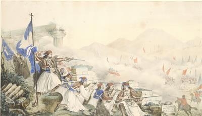 Battle scene from the Greek War of Independence: The destruction of Dramalis in 1822 in Dervenakia. Chromolithograph by Alexandros Isaias, [Venice, 1839].