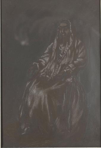 Full-body Portrait of Duchess of Plaisance, pencil, sepia and white chalk on paper.