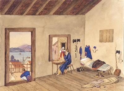 &quot;Mein Quartier in Lepanto im Martz und April 1834&quot;. Το δωμάτιο του L. Köllnberger στη Ναύπακτο. Υδατογραφία σε χαρτί του Ludwig Köllnberger, 1834 (αντίγραφο).