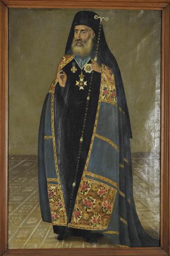 Προσωπογραφία του Νεοφύτου Καρύστου (1790-1851), ελαιογραφία σε μουσαμά του Παΐσιου Γεωργίου, Χαλκίδα, 1849.