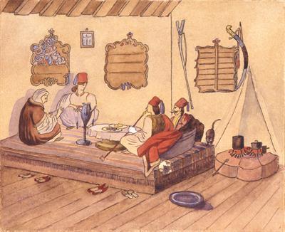 &quot;Zeituni&quot;. Γεύμα σε κατοικία στη Λαμία το 1834. Υδατογραφία σε χαρτί του Ludwig Köllnberger, 1834 (αντίγραφο).