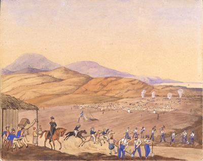 &quot;Lager an der Piraeusstrazze - zum Chausseebau, 1836&quot;. Εργασίες κατασκευής της οδού Πειραιώς από το μηχανικό του βαυαρικού στρατού. Υδατογραφία σε χαρτί του Ludwig Köllnberger, 1836 (αντίγραφο).