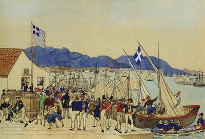 &quot;Piraeus, 1837&quot;. Η καθημερινή κίνηση μπροστά από το τελωνείο του Πειραιά (Δογάνα). Υδατογραφία σε χαρτί του Ludwig Köllnberger, 1837 (αντίγραφο).