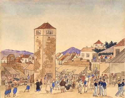 &quot;Lord-Elgins-Turm in Athen&quot;. Ο Πύργος του Έλγιν στην Αθήνα. Υδατογραφία σε χαρτί του Ludwig Köllnberger, περ. 1838 (αντίγραφο).