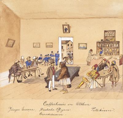 &quot;Cafeehaus in Athen&quot;. Καφενείο στην Αθήνα. Υδατογραφία σε χαρτί του Ludwig Köllnberger, περ. 1836 (αντίγραφο).