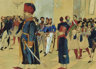 &quot;Turkischer Gesandter auf dem griechischen Hofballe, 1837&quot;. Ο τούρκος πρέσβης και ο ακόλουθός του στον Ανακτορικό Χορό που δόθηκε από το νεόνυμφο βασιλικό ζεύγος Όθωνα και Αμαλία. Υδατογραφία σε χαρτί του Ludwig Köllnberger, 1837 (αντίγραφο).
