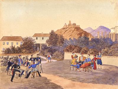 &quot;Deutsche Offiziere beim Kneipen und turkisches Gesandtschaftspersonal, 1837&quot;. Βαυαροί αξιωματικοί και Τούρκοι αξιωματούχοι της πρεσβείας πίνουν και συζητούν σε υπαίθριο χώρο νοτιοανατολικά της Ακρόπολης (σημερινή περιοχή Μακρυγιάννη). Υδατογραφία σε χαρτ