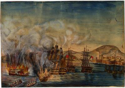 Ναυμαχία, πυρπόληση δύο τουρκικών πολεμικών πλοίων, υδατογραφία σε χαρτί.