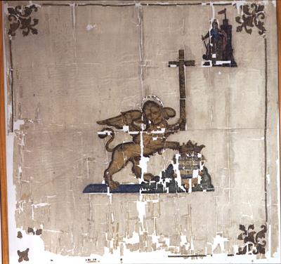 Ενετική σημαία από τη Ζάκυνθο. Φέρει τον πτερωτό λέοντα του Αγίου Μάρκου και το οικόσημο του Προβλεπτή της Ζακύνθου, Κωνσταντίνου Μικιέλη (1701-1703).