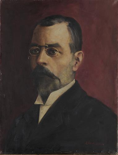 Προσωπογραφία του Κωνσταντίνου Σάθα, ελαιογραφία σε μουσαμά του Ε. Βλασσοπούλου.