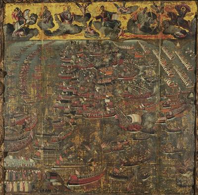 Η Ναυμαχία της Ναυπάκτου, 1571. Το έργο αποδίδεται στον Γεώργιο Κλότζα, ζωγράφο της κρητικής σχολής.