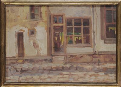 Δρόμος και εξωτερική όψη καφενείου, ελαιογραφία σε ξύλο του Περικλή Βυζάντιου, 1922.