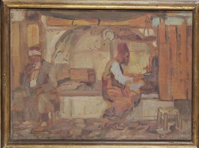 Εσωτερικό καφενείου, ελαιογραφία σε ξύλο του Περικλή Βυζάντιου, 1921.