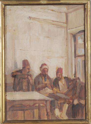 Καφενείο με τρεις θαμώνες, ελαιογραφία σε ξύλο του Περικλή Βυζάντιου, 1921/1922.