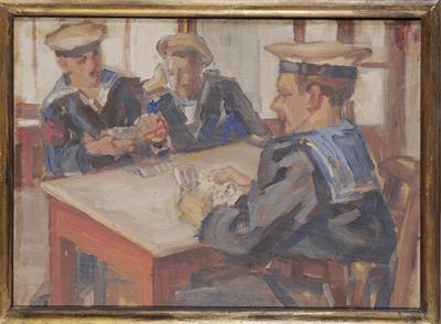 Τρεις ναύτες παίζουν χαρτιά, ελαιογραφία σε ξύλο του Περικλή Βυζάντιου, 1921/1922.