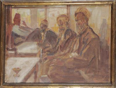 Καφενείο με τέσσερις θαμώνες, ελαιογραφία σε ξύλο του Περικλή Βυζάντιου, 1921/1922.