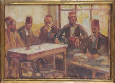 Καφενείο με πέντε θαμώνες, ελαιογραφία σε ξύλο του Περικλή Βυζάντιου, 1921/1922.