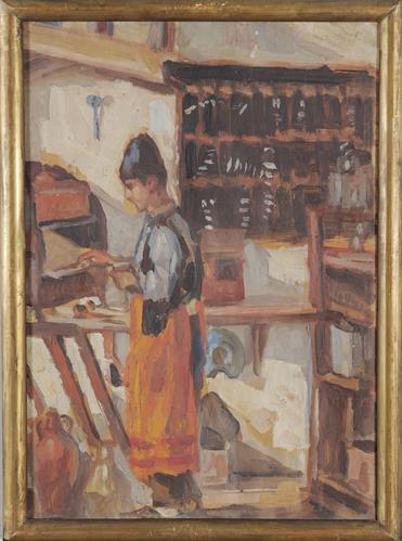 Νέος σε εργαστήριο, ελαιογραφία σε ξύλο του Περικλή Βυζάντιου, 1922.