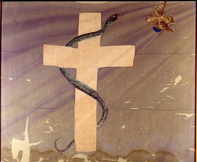 Naval flag of the Greek War of Independence depicting a white cross, a serpent and an owl. The cross symbolizes the sanctity of the Struggle, the serpent the justice and the owl the wisdom.