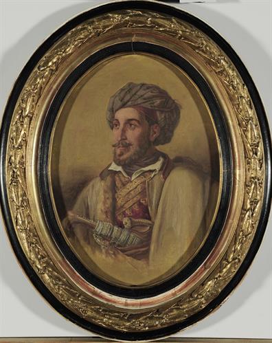 Portrait of Ioannis Makriyannis, oil painting on paper by Avgoustos Pikarellis, 1914.