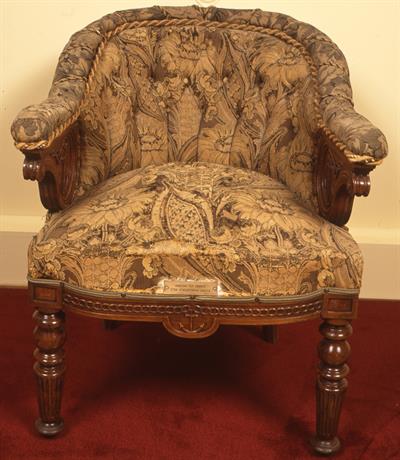 Wooden armchair of king Otto upholstered in fabric. From the steamship &quot;Amalia&quot;