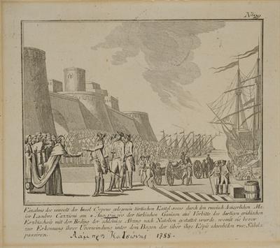 &quot;Einahme des unweit der Insel Cyprus gelegenen turkischen Kastel-rosso durch den rurrisch-kaiserlichen Major Lambro Cazzioni am 4 Aug. 1788, wo der turkischen Ganison auf Vorbitte des dortigen griechischen Erzbischofs mit dem Beding der schleinige Abzug n