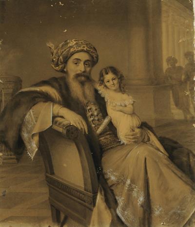 Portrait of Ioannis Georgios Karatzas (Ioan Caradja), Prince of Hungaro-Wallachia, with his granddaughter Eleni Argyropoulou, crayons and chalk on paper, 1821.