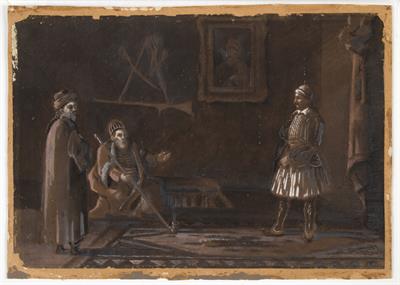 Lambros Tzavelas in front of Ali Pasha. Aquarelle on paper.
