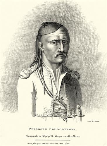 Theodoros Kolokotronis, Commander in Chief of the Greek military forces in the Peloponnese during the Greek War of Independence. Lithograph by Adam Friedel from the album &quot;The Greeks. Twenty-four portraits, (in four parts of six portraits each), of the pr