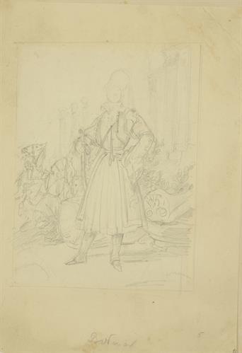 Full-body Portrait of Otto at the Temple of Olympian Zeus in Athens, pencil on paper by Bodmer.