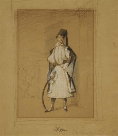 Full-body Portrait of Otto at the Temple of Olympian Zeus in Athens (?), pencil, white chalk and crayons on paper by Bodmer.