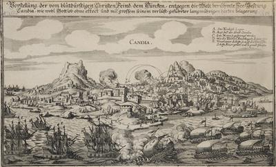 &quot;CANDIA&quot;. View of the city of Heraklion during the siege by the Turks. Black and white copper engraving.