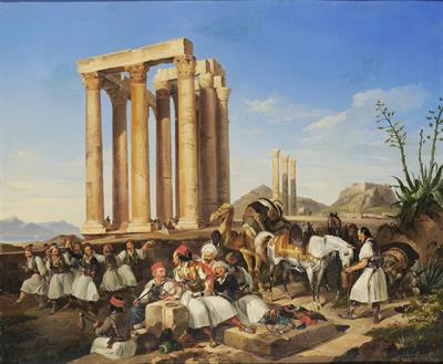 Εορτασμός της Καθαράς Δευτέρας (Κούλουμα) στους στύλους του Ολυμπίου Διός στην Αθήνα. Ελαιογραφία σε μουσαμά του Christian Perlberg, 1838.