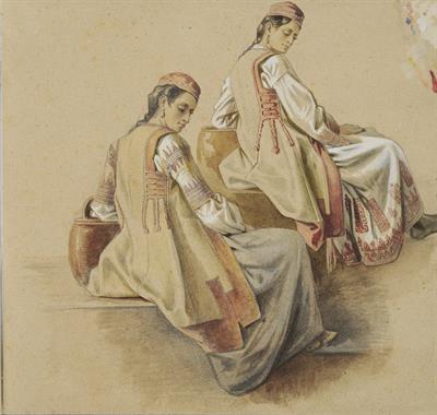Epirus (?). Women&#039;s traditional costumes. Pencil and Aquarelle on paper.