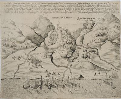 &quot;FORTEZZA DI SOPPOTO&quot;. View of the city of Soppoto, Dalmatia, under siege. Black and white copper engraving.