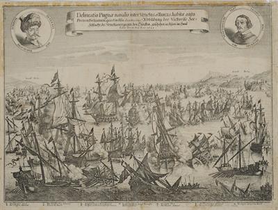 &quot;Delineatio Pugnae navalis inter Venetos et Turcas, habitae anto Portum Fochianum, quiest in Asia. Die 12 May 1649. Abbildung der Victorise See schlacht dei Venetianer gegen den Turcken. Geschehen in Asien im Haue. Fodioe den 12 May Anno 1649&quot;. Conflict b