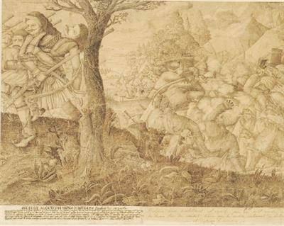 Markos Botsaris&#039;  fatal injury. Ink Painting by Athanasios Iatridis, (1824).