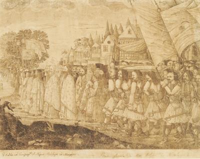 Markos Botsaris&#039; funeral in Messolonghi in 1823. Ink Painting by Athanasios Iatridis, (1824).