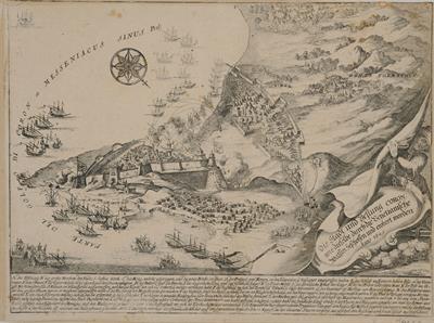 &quot;Die Stadt und Bestung CORON, n.ie dieselbe durchdie Benetianische soaffen beschossen und erobert morden&quot;. View of the fortress of Koroni with parallel depiction of the siege of the city by the Venetians. Black and white copper engraving, 1685.