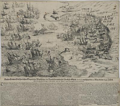 &quot;Benedischen wider  die [.]urcfische Schiff- Armada verlihen / den 15. Man/ vieses 1649. Jahrs. Wie mit glaubwurdigen Schreiben / den 18 Juni...&quot;. Depiction of a naval battle between Turks and Venetians. Black and white copper engraving.