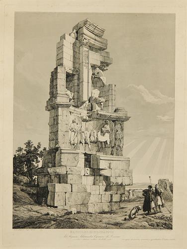 &quot;MAUSOLEO DI FILOPAPPOS&quot;. Το ταφικό μνημείο ή Μαυσωλείο του Φιλοπάππου, Ύπατου Αρμοστή της Αθήνας από το 90 έως το 100 μ.Χ., στη νοτιοδυτική πλευρά της Ακρόπολης. Χαλκογραφία του Ιταλού σχεδιαστή και ζωγράφου Andrea Gasparini, Ρώμη, 1843.