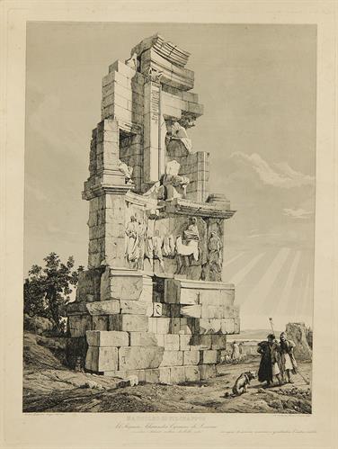 &quot;MAUSOLEO DI FILOPAPPOS&quot;. Monument or Mausoleum of Philopappos, Roman Consul of Athens from 90 until 100 A.D., at the southwest side of the Acropolis. Copper engraving by the Italian engraver and painter Andrea Gasparini, Rome, 1843.