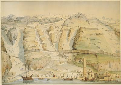 Σαντορίνη: ο δρόμος που οδηγεί από το λιμάνι στα Φηρά, στα τέλη δεκαετίας 1830. Υδατογραφία σε χαρτί του βαυαρού αξιωματικού Winter, 1838.
