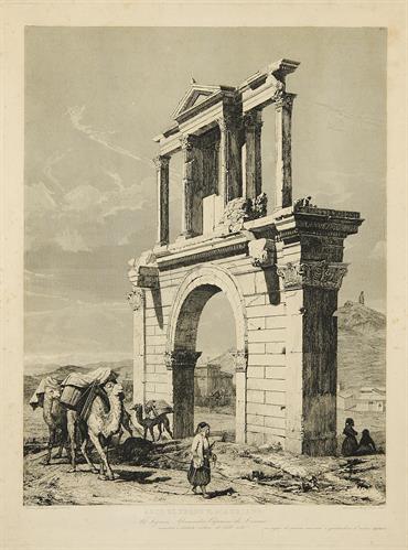 &quot;ARCO DI TESEO E D&#039; ADRIANO&quot;. Hadrian&#039;s Arch, a Roman arch which was built in honor of the Roman Emperor Hadrian in 131 AD, year of his stay in Athens. Copper engraving by the Italian engraver and painter Andrea Gasparini, Rome, 1843.