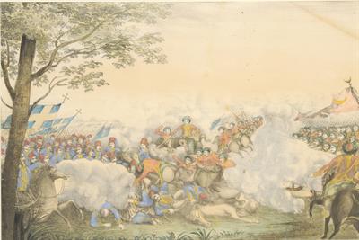 Πολεμική σκηνή από την ελληνική Επανάσταση: Η μάχη του Λάλα τον Ιούνιο του 1821. Χρωμολιθογραφία του Αλέξανδρου Ησαΐα, [Βενετία, 1839].