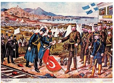&quot;THE SURRENDER OF THESSALONIKI TO VICTORIOUS ARMY COMMANDER KONSTANTINOS - OCTOBER 26TH 1912&quot;, chromolithograph.