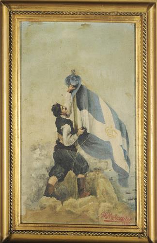 Κρητικός υψώνει την ελληνική σημαία στο Ακρωτήρι της Κρήτης το 1897. Ελαιογραφία σε ξύλο του Δ.Ε. Μοντεσάντου.