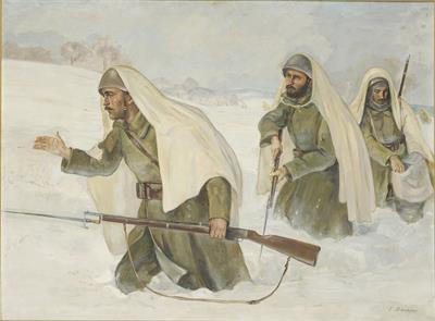 Πορεία στρατιωτών στα χιόνια κατά τον ελληνoϊταλικό πόλεμο το χειμώνα του 1940-1941, ελαιογραφία σε μουσαμά του Έκτορος Δούκα, 1940-1941.
